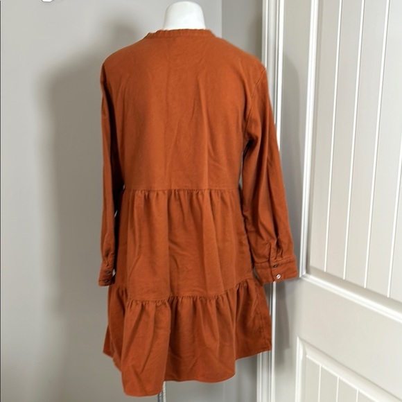 Madewell Flannel Button Placket Tiered Mini Dress Rust Orange Ruffled Dress Sz M - Picture 6 of 14